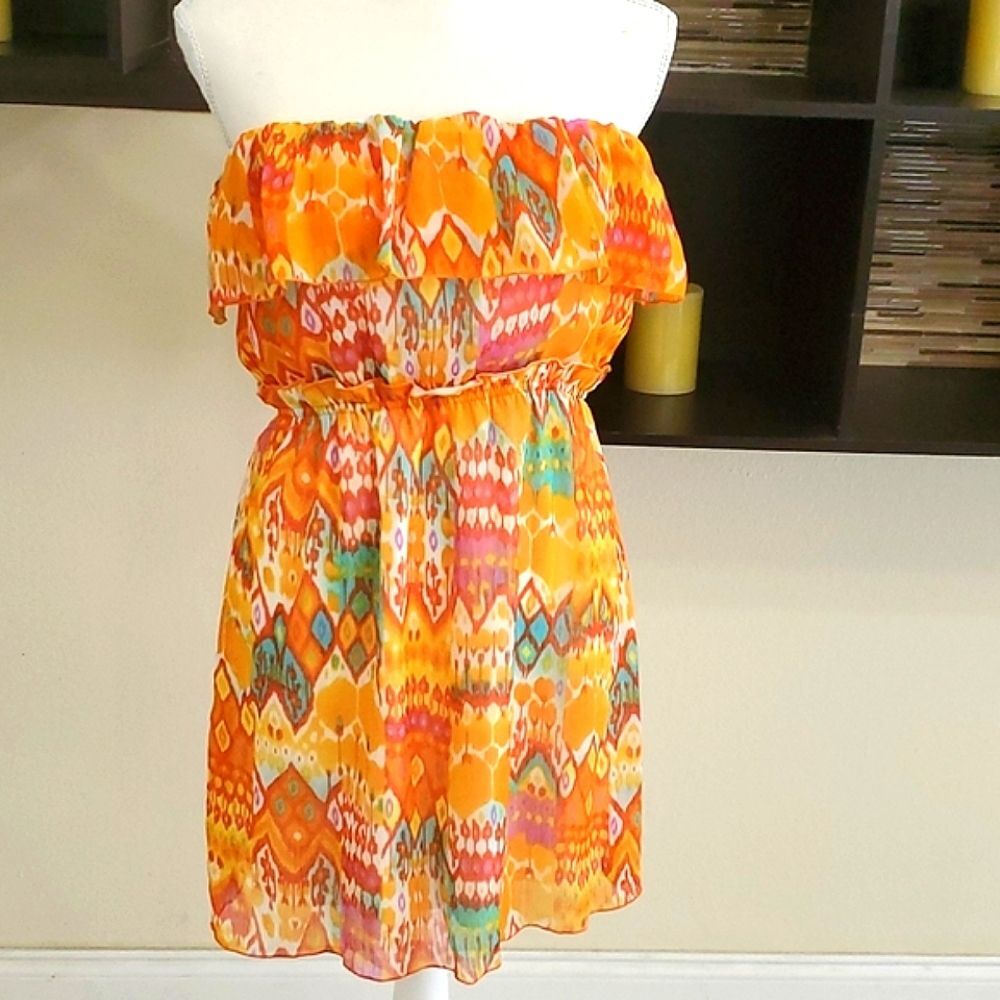 Revolve Karlie Tangerine Boho Gypsy Ruffled Strapless Flowy Trendy Mini Dress M